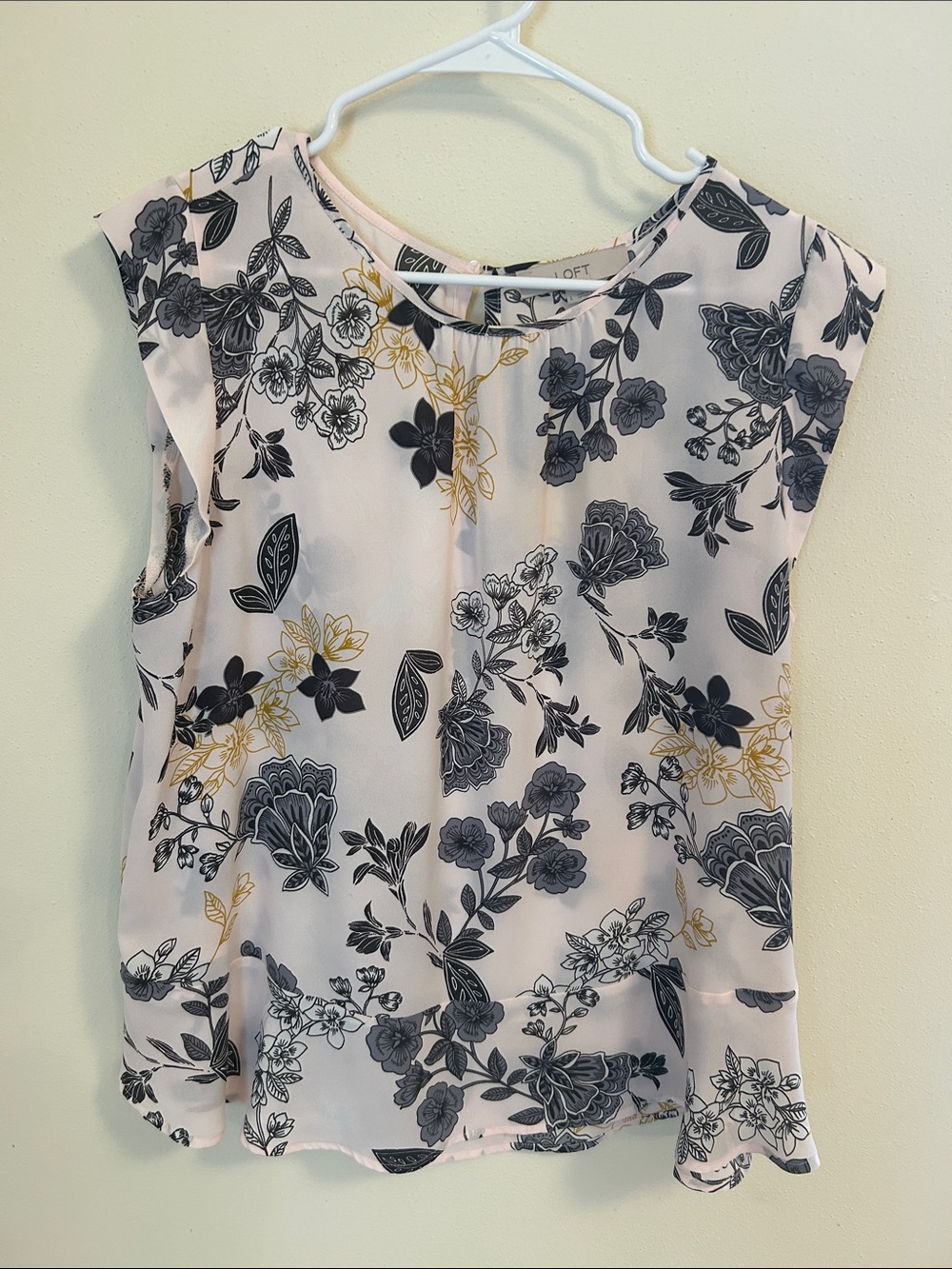 LOFT Pink Floral Cap-Sleeve Blouse with Navy & Gold Print